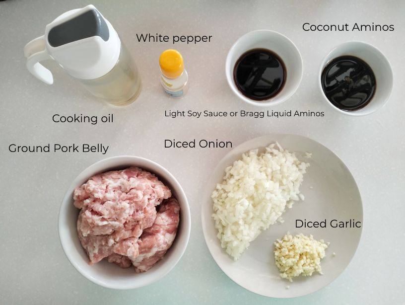 Ingredients for Lu Rou Fan: Cooking Oil, white pepper, coconut aminos, bragg liquid aminos or light soy sauce, minced pork belly, diced onion, and diced garlic.