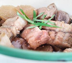 Miso Braised pork belly placed in a 70ties bowl.