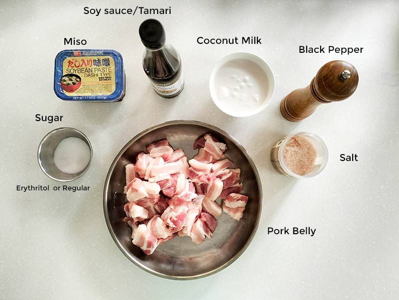 ingredients need for the recipe. Pork belly, salt and pepper, coconut milk, miso, sugar.