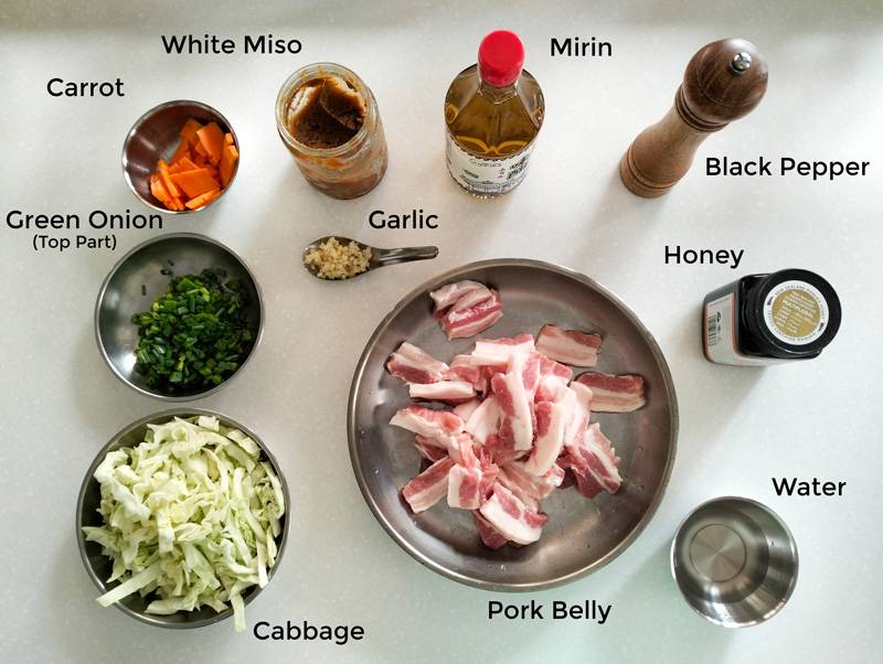 ingredients needed for white miso pork belly stir fry
